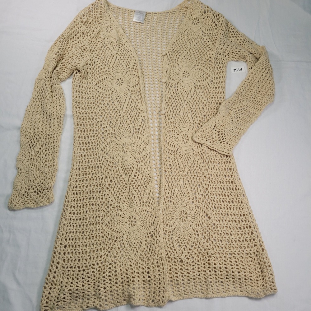 Women M Beige Crochet Long Sleeve Cardigan Sweater Knit Open Front Boho Floral